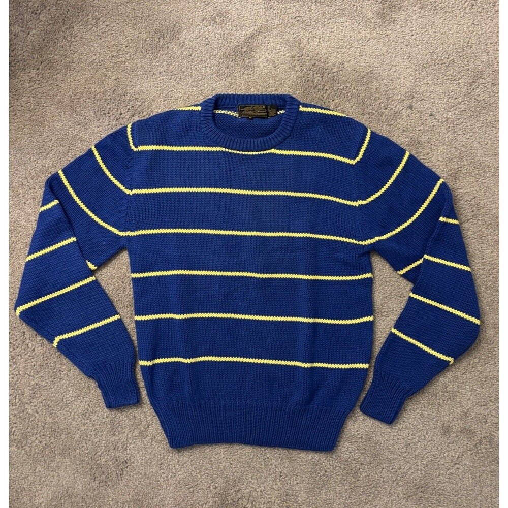 VTG 90s Eddie Bauer Striped Knit Sweater Men Medium Blue Yellow Preppy Dadcore